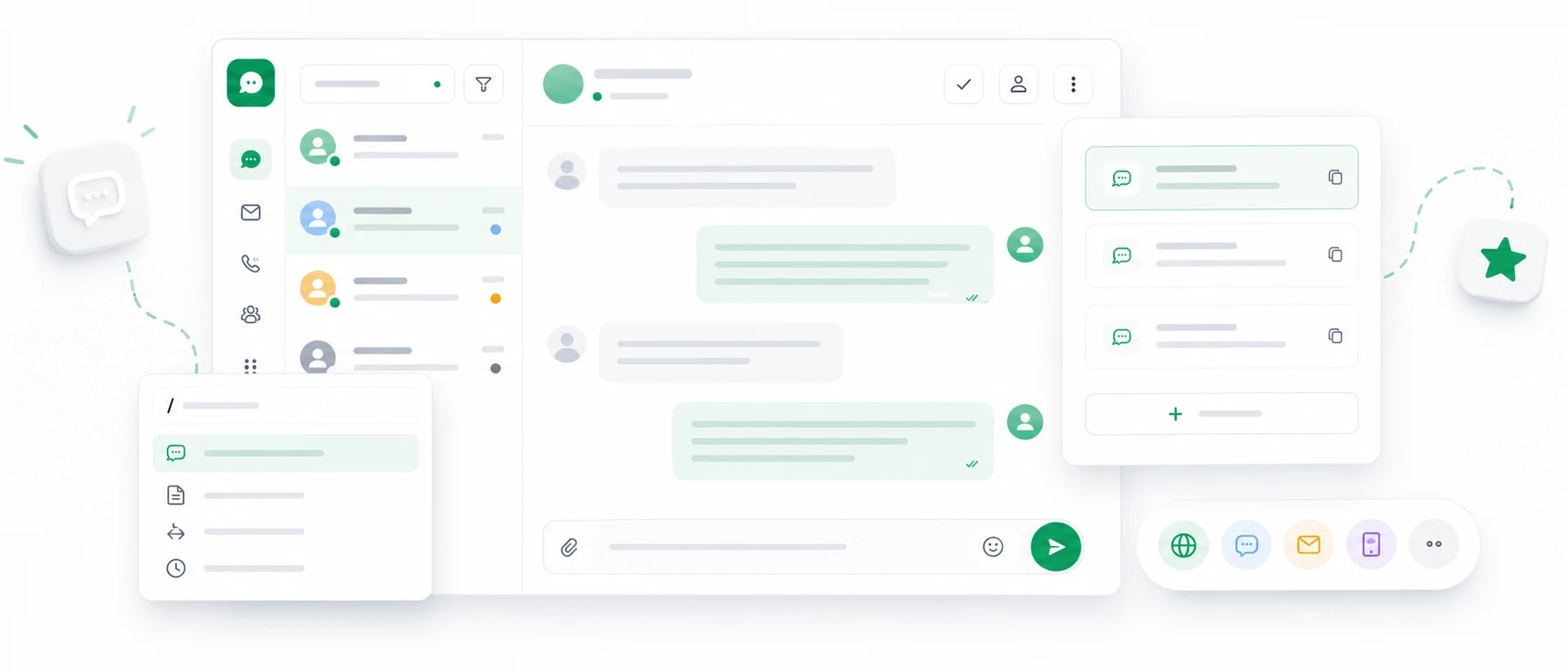 Live-Chat-Inbox mit gespeicherten Antwortvorlagen, Kurzbefehlen und einer Kundenkonversation