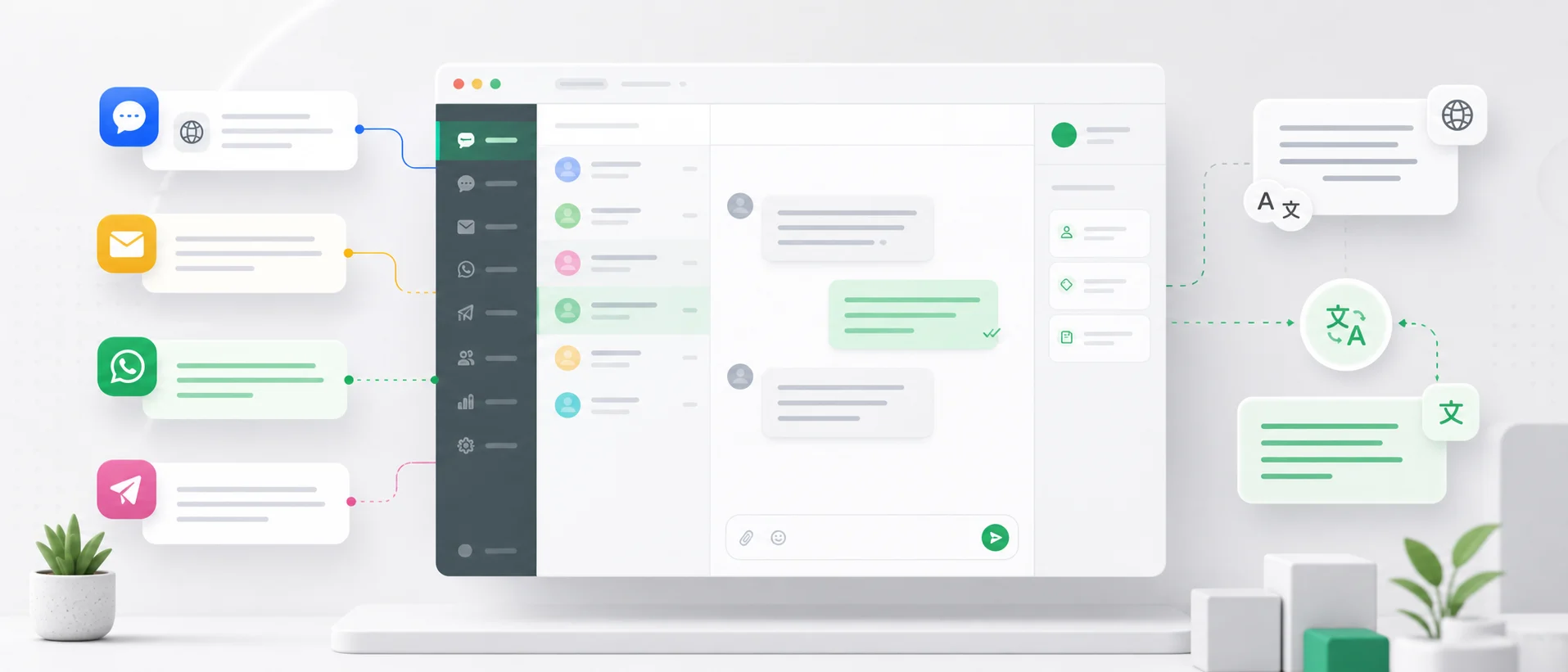 Omnichannel-Inbox mit Website-Chat, E-Mail, Messaging-Kanälen und automatischer Übersetzung